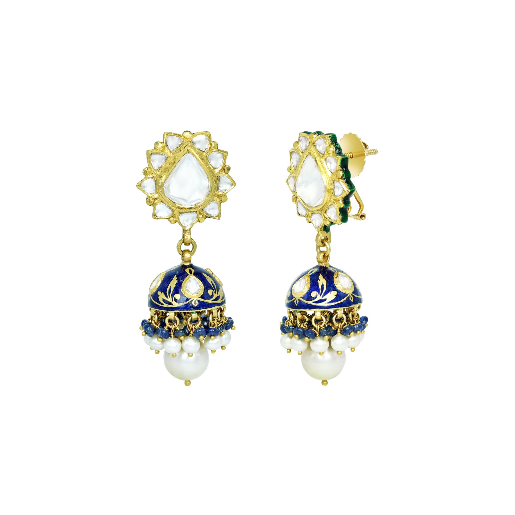 Jhumki Earrings with Blue Enamel, Polki Florals, and Pearl Details
